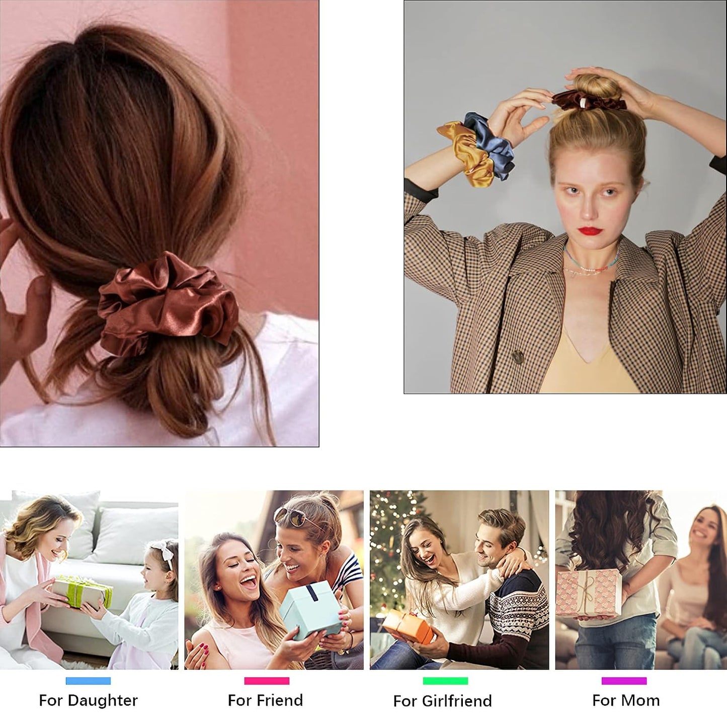 16 Pcs Scrunchies for Women - Black Satin Silk Scrunchies for Girls Hair Ties Elastics Bands Ponytail Holder Hair Accessories