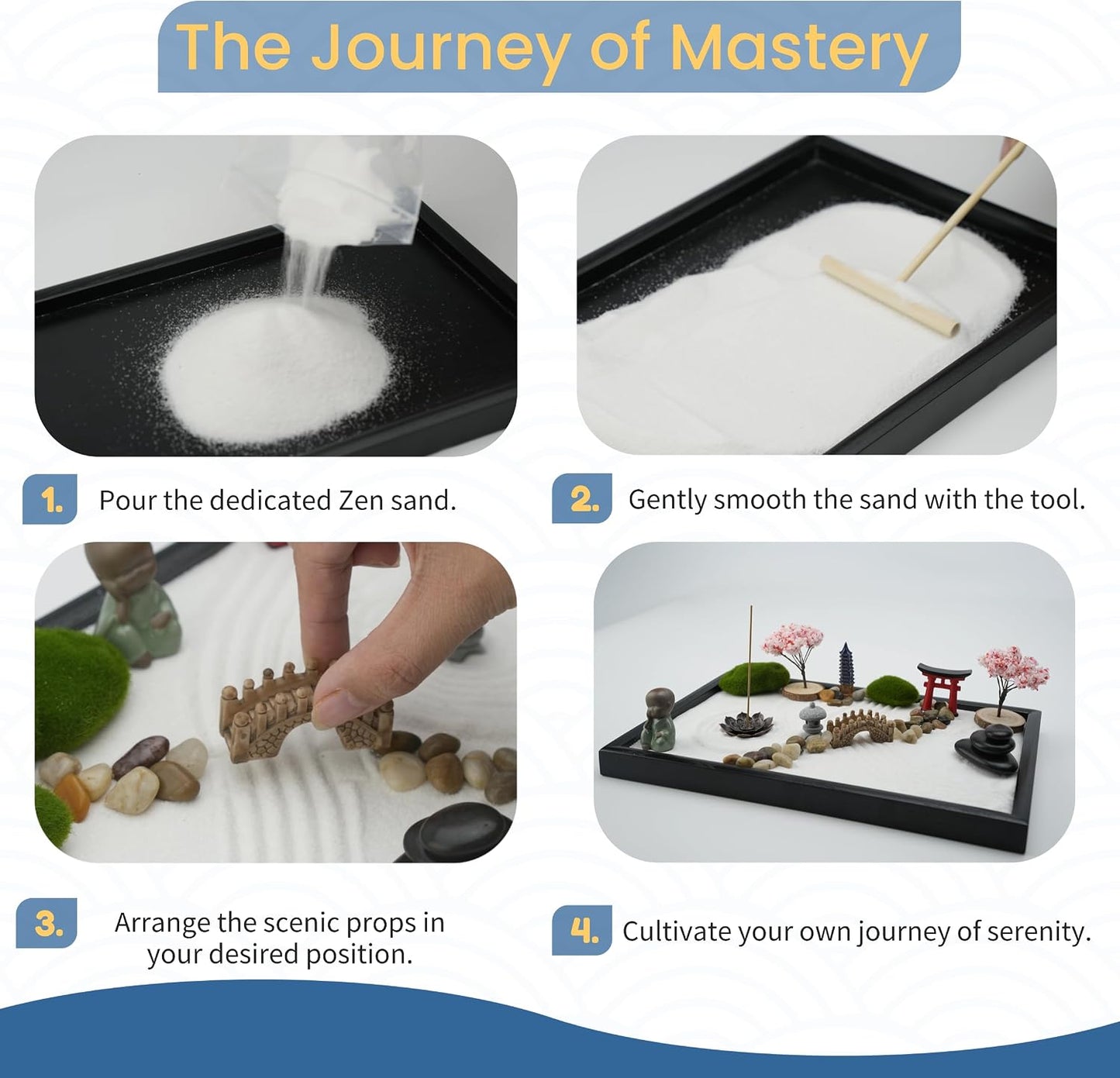 Yeemous Mini Zen Garden Kit for Desk, 12x8 Sand Tray with 16 Accessories