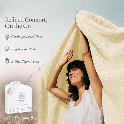 Threadmill Travel Blanket Cotton Viscose from Bamboo - Airplane Premium Soft Flight Grey Throw Blanket in Cloth Bag (Grey Color) Compact & Portable Blanket for Travel, Car, Picnic & Camping