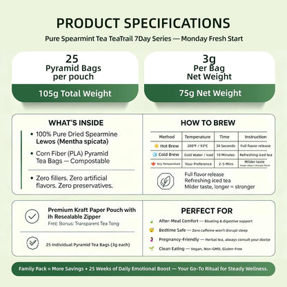 TeaTrail Pure Spearmint Tea – 25 Pyramid Tea Bags, Caffeine-Free Herbal Tea for Digestion & Bloating Relief, 100% Natural Spearmint Leaves, Corn Fiber Compostable Bags, Hot & Iced Brew