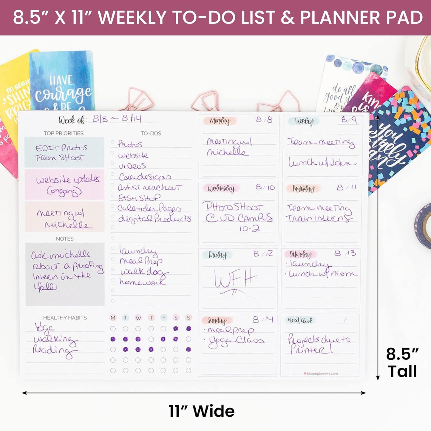 bloom daily planners Horizontal Weekly To Do List Notepad with 60 Undated Sheets - Weekly Desk Planner or Chore Pad with Priorities & Habit Tracker - 8.5” x 11” - Pastel