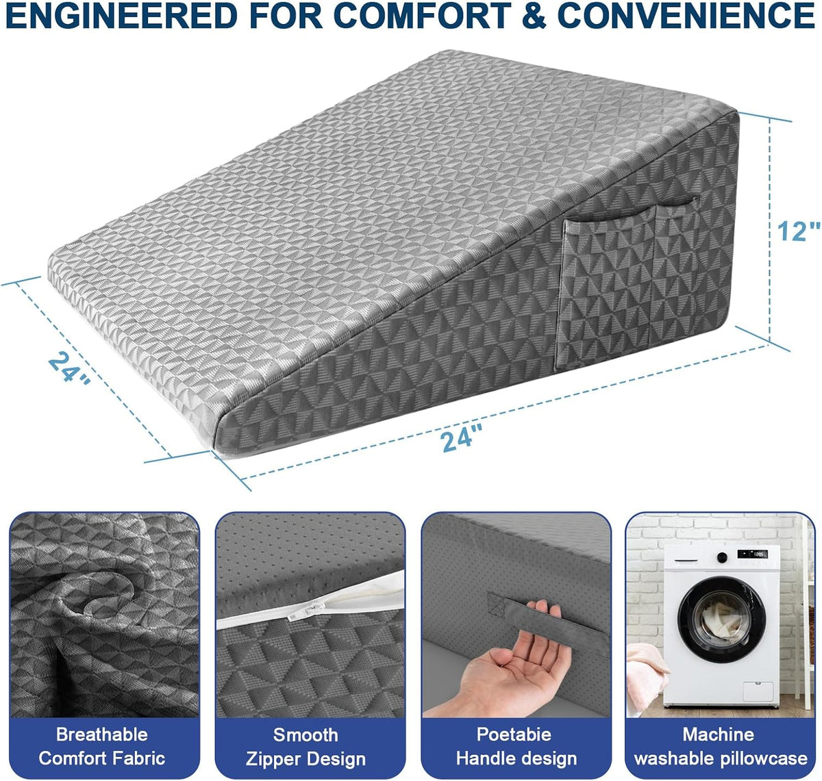 Wedge Pillow for Sleeping, 7.5" Memory Foam Bed Wedge Pillow
