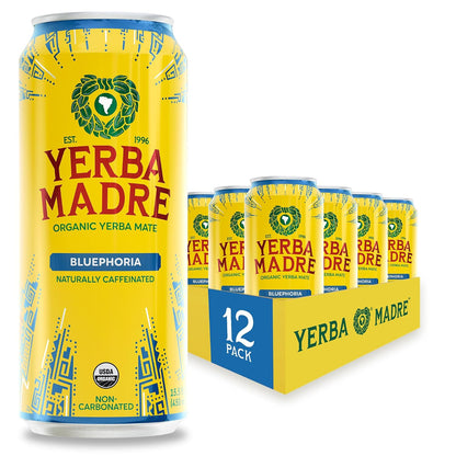 Yerba Madre Organic Yerba Mate, Bluephoria, 150mg Natural Caffeine, Energy Drink Alternative, No Jitters or Crash, 15.5 Oz Cans (Pack of 12)