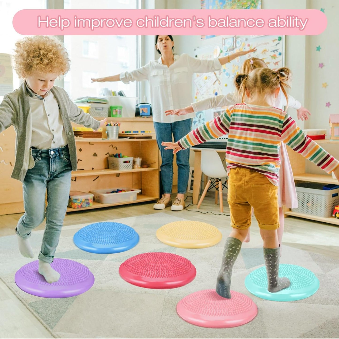 Amylove 6 Pcs Wiggle Seat Inflated Wobble Cushion for Sensory Kid 13 Inch Balance Disc Kids Flexible Seating Exercise Sensory Pad Chair Cushion for Classroom Office School (Bright)