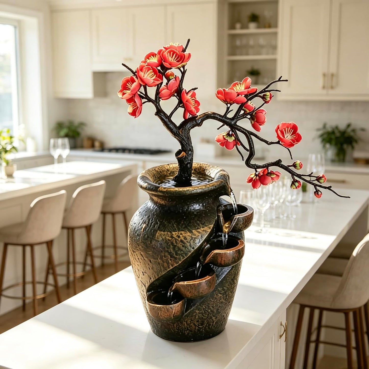 Mini Artificial Bonsai Tree Waterfall Fog Feature Rock Tabletop Fountain | 11in Desktop Decor Waterfall Fountain W/ Water Pump& Atomizer&LED Lights &Fake Tree Office Bedroom Relax