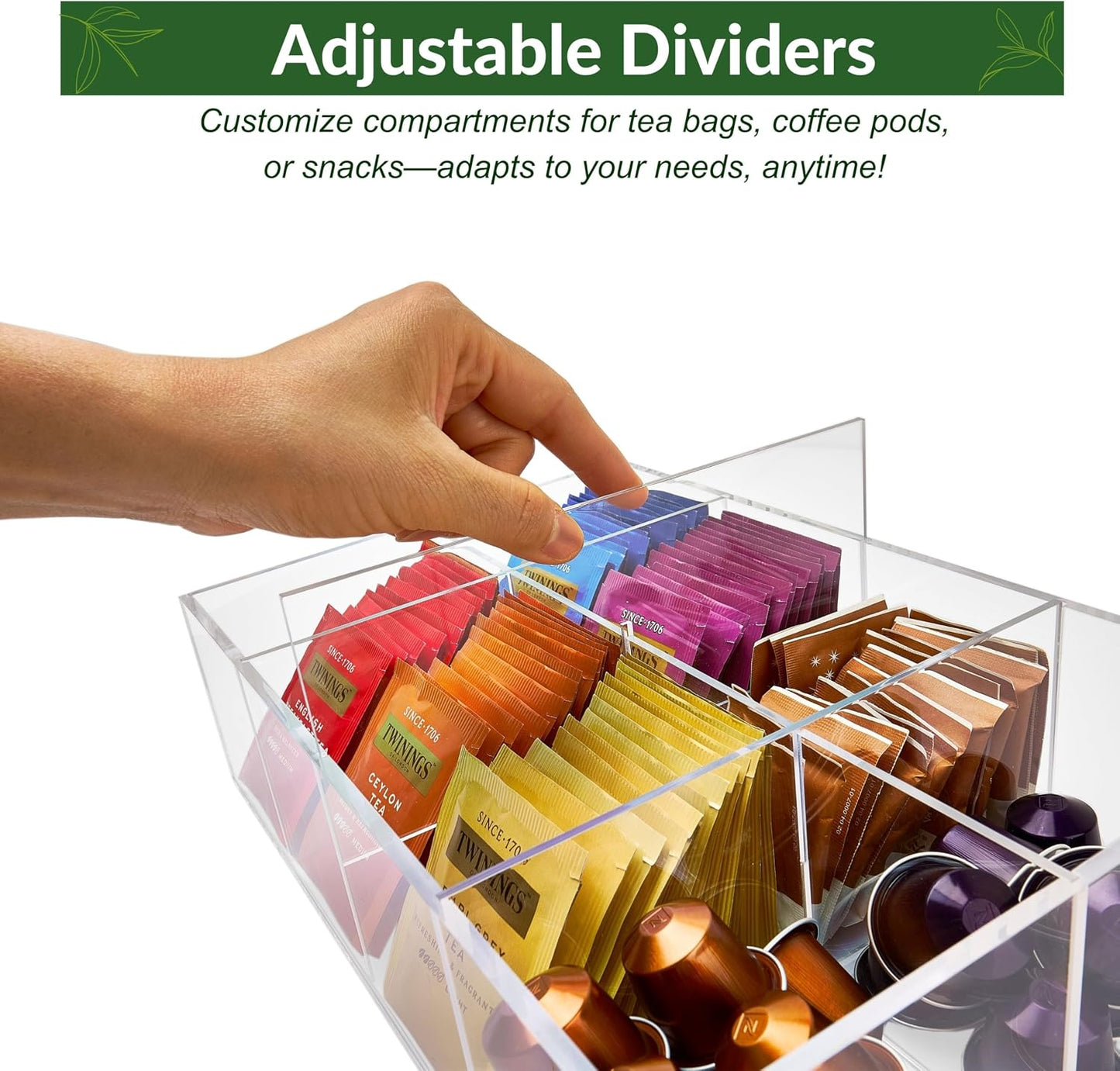 Heavy-Duty Acrylic Tea Bag Organizer, 8-Compartment Storage Box | Perfect Organizer: 8-compartment design keeps tea bags and coffee pods neatly sorted, saving space on your countertop.