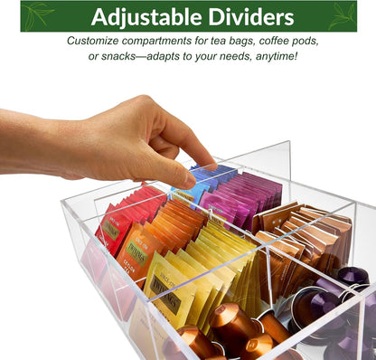 Heavy-Duty Acrylic Tea Bag Organizer, 8-Compartment Storage Box | Perfect Organizer: 8-compartment design keeps tea bags and coffee pods neatly sorted, saving space on your countertop.