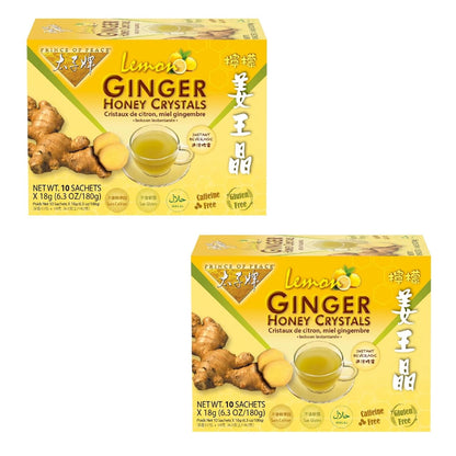 Prince of Peace Instant Natural Lemon Ginger Honey Crystals, 2 Pack of 10 Sachets – Instant Hot or Cold Beverage Relief and Soothes Throat – Easy to Brew Ginger and Honey Crystals
