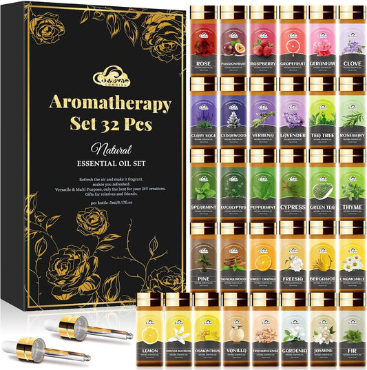 Essential Oil Set, 32 Pcs Fragrance Oils for Diffusers, Home Care, Humidifier Laundry, Candle Making - Tea Tree, Sandalwood, Lavender, Vanilla, Eucalyptus and More(5mL)