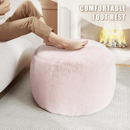 Round Stuffed Pouf Ottoman Foot Rest, Faux Fur Poufs with Memory Foam Filling, Ottomans for Living Room, Nursery, Dorm, Soft Foot Stool Ottoman for Couch, Perfect for Resting Your Feet (Grey, 20 Inch)