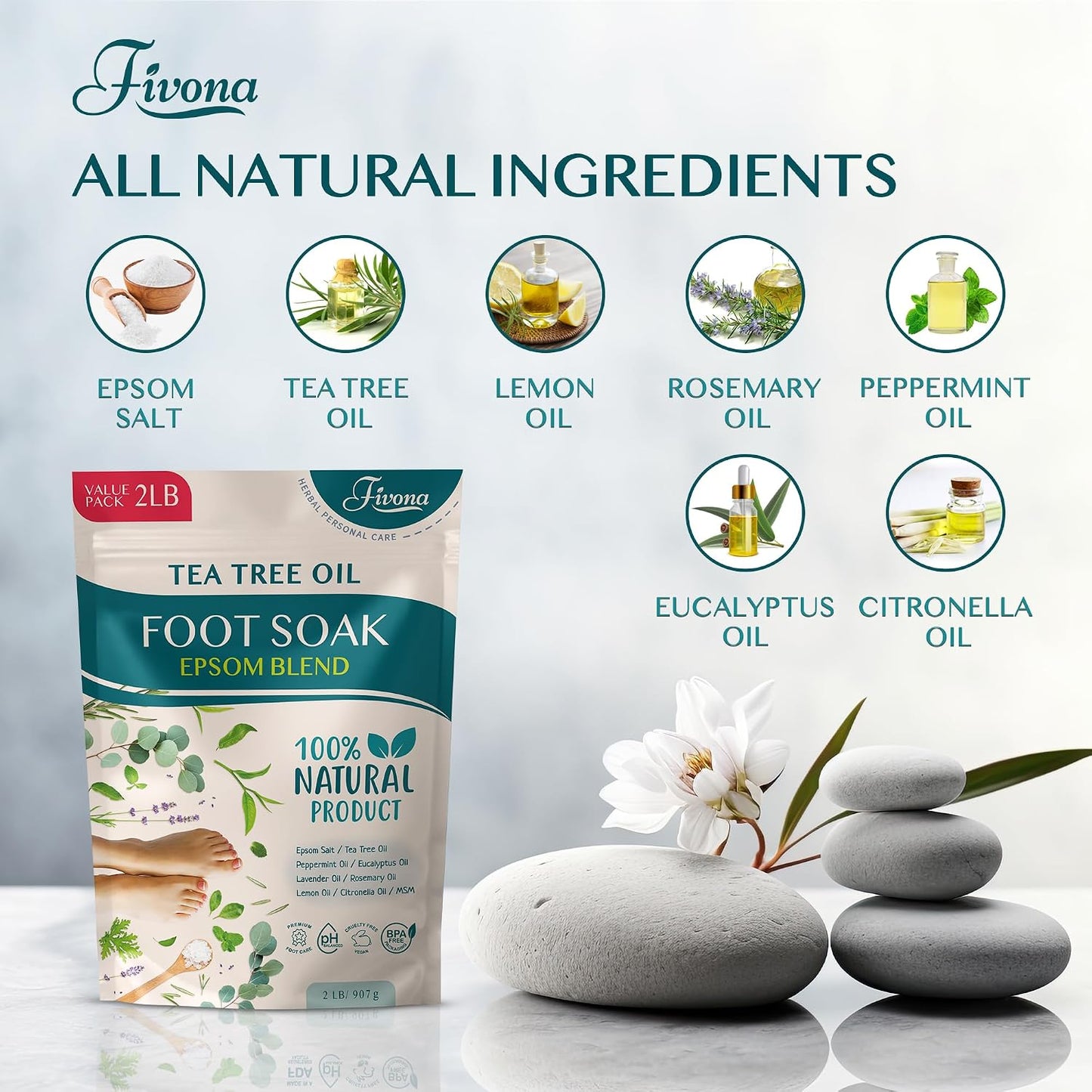 Fivona Tea Tree Foot Soak Blend 14.1 oz - Epsom Salt with Essential Oils for Healthy Toenails, Soothing Relief, Callus Softening - Pedicure Therapy for Soft, Rejuvenated Feet