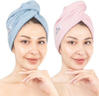 American Soft Linen 100% Cotton Hair Towels for Women, Head Towel Cap, Cotton Hair Turban Towel Wrap for Long Curly Anti Frizz Hair, Soft and Absorbent Cotton Hair Towels 2 Pack, White