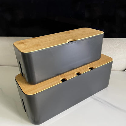 Cable Management Box with Bamboo Lid, Small Power Strip Organizer, Black