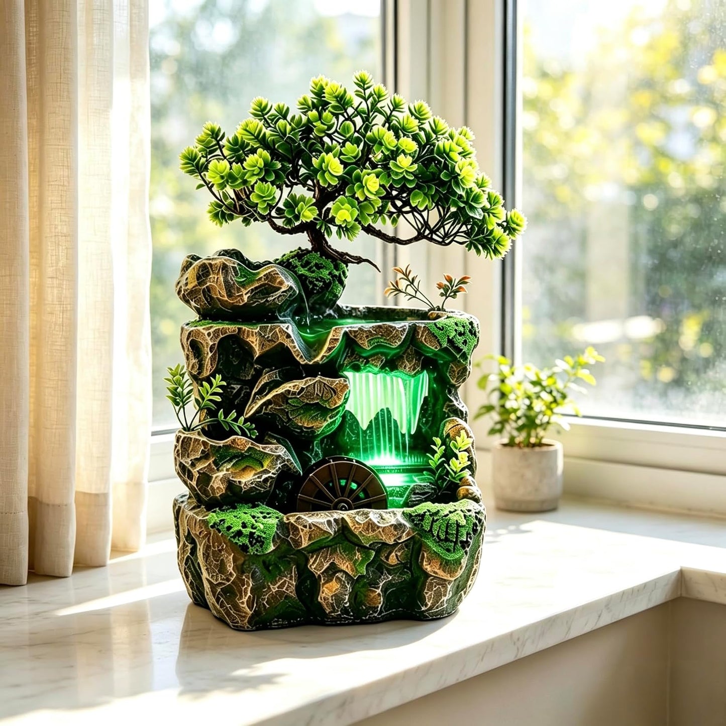 Mini Artificial Bonsai Tree Waterfall Fog Feature Rock Tabletop Fountain | 11in Desktop Decor Waterfall Fountain W/ Water Pump& Atomizer&LED Lights &Fake Tree Office Bedroom Relax