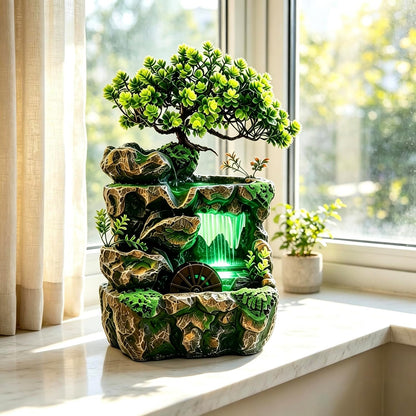 Mini Artificial Bonsai Tree Waterfall Fog Feature Rock Tabletop Fountain | 11in Desktop Decor Waterfall Fountain W/ Water Pump& Atomizer&LED Lights &Fake Tree Office Bedroom Relax