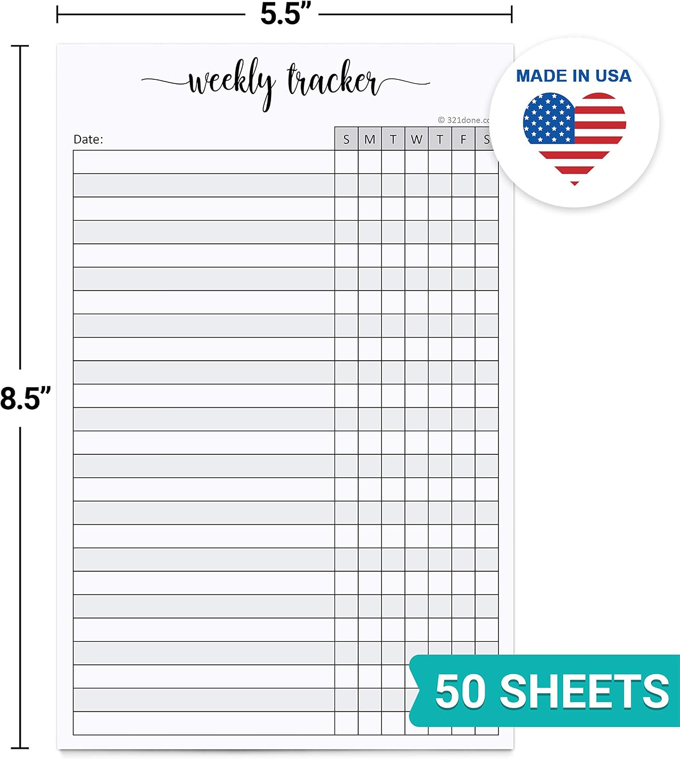 321Done Weekly Tracker Notepad, Sunday Start - 5.5x8.5 Habit Tracking Days of Week Notebook for Planning, Organizing, Schedule, 50 Pages - Made in USA
