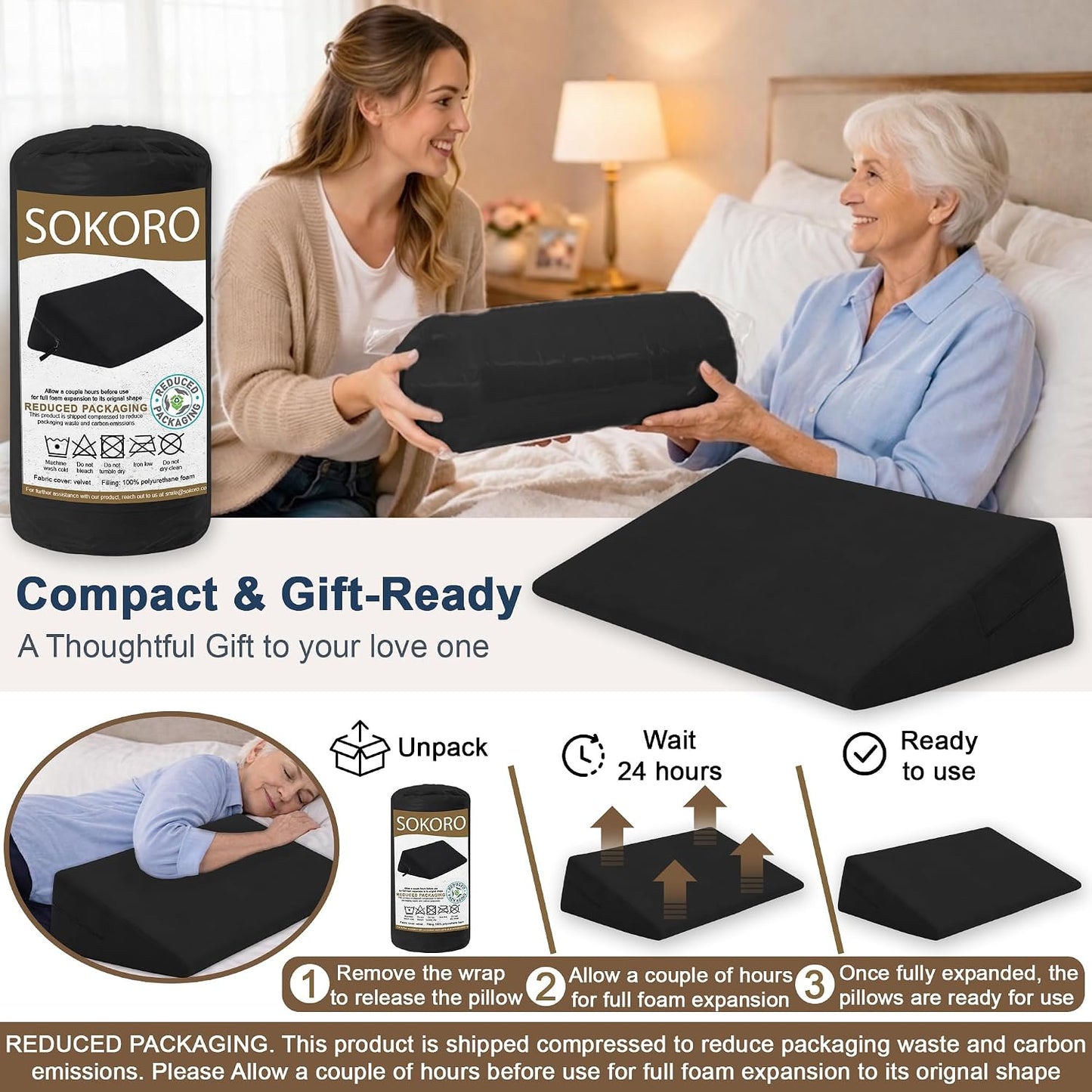 sokoro Bed Wedge Pillow for Sleeping, Small 7 Inch Compact Triangle Wedge Pillow for Acid Reflux, Sleep Apnea & Snoring Relief, Firm Incline for Back Support, Washable Cover (Grey, 24x14x7 in)