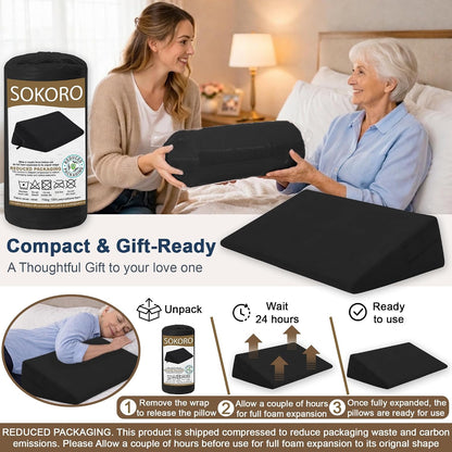 sokoro Bed Wedge Pillow for Sleeping, Small 7 Inch Compact Triangle Wedge Pillow for Acid Reflux, Sleep Apnea & Snoring Relief, Firm Incline for Back Support, Washable Cover (Grey, 24x14x7 in)