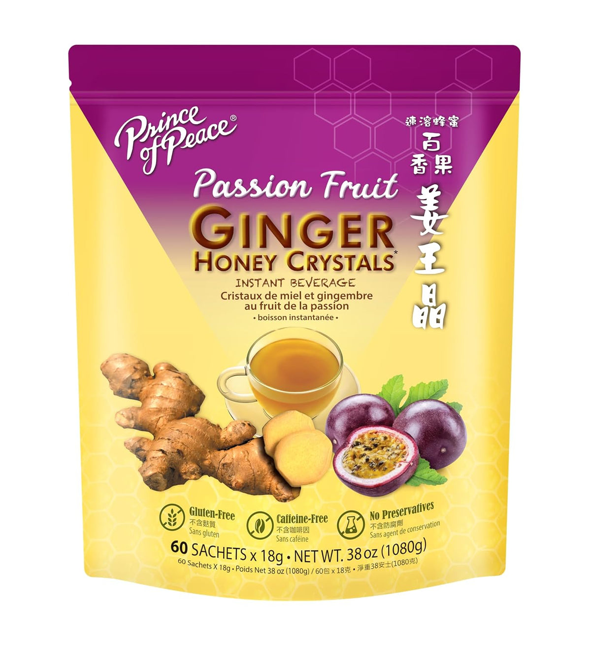 Prince of Peace Instant Ginger Honey Crystal with Passion Fruit 18g x 60 (bag) – Instant Hot or Cold Beverage that Soothes Throat – Easy to Brew – Drink Like a Tea – Gluten Free – Real Ginger