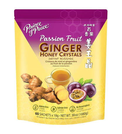 Prince of Peace Instant Ginger Honey Crystal with Passion Fruit 18g x 60 (bag) – Instant Hot or Cold Beverage that Soothes Throat – Easy to Brew – Drink Like a Tea – Gluten Free – Real Ginger