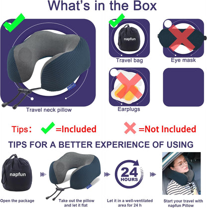 napfun Neck Pillow for Traveling, Upgraded Travel Neck Pillow for Airplane 100% Pure Memory Foam Travel Pillow for Flight Headrest Sleep, Portable Plane Accessories, Light Grey