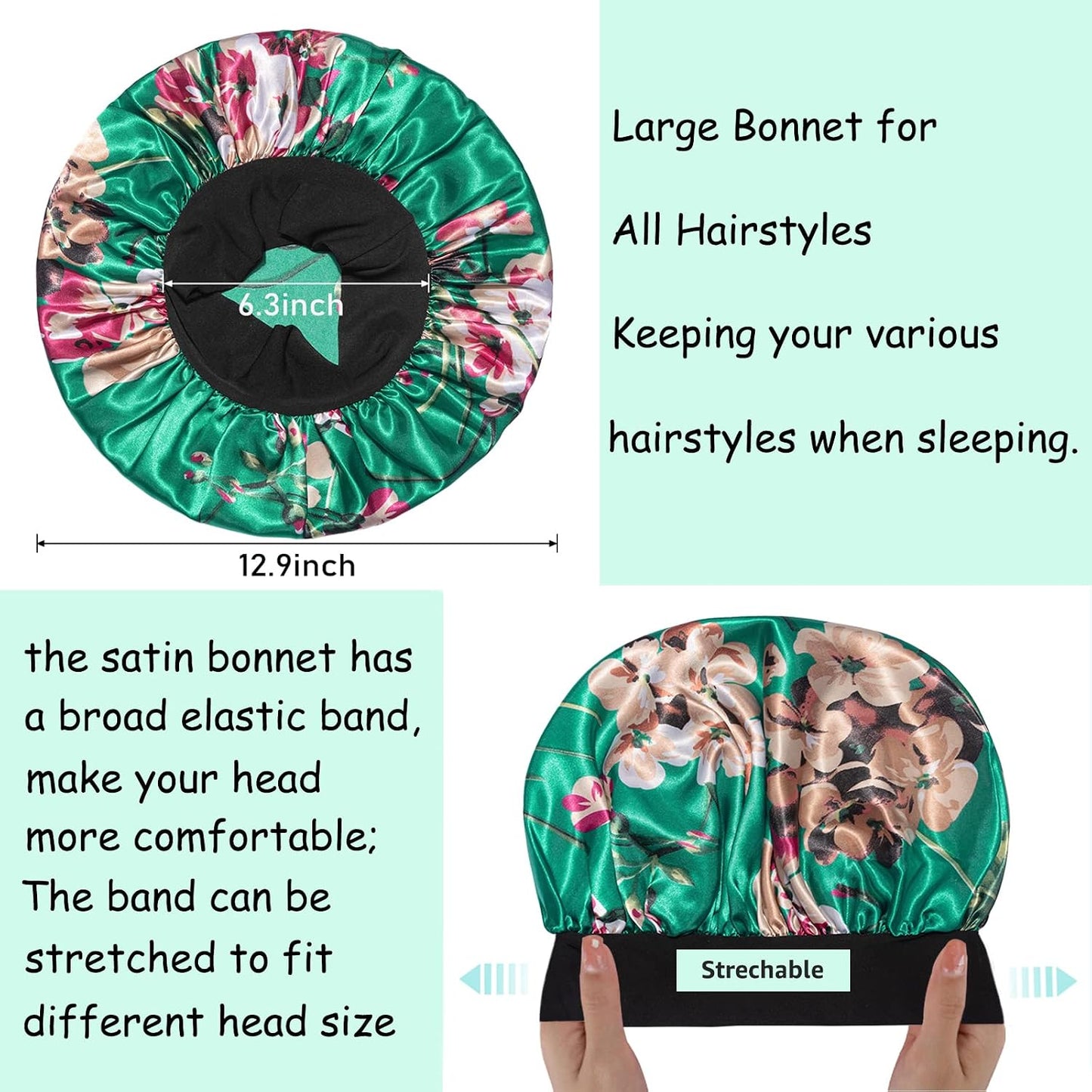 3 Pack Satin Bonnet Silk Hair Bonnet for Sleeping, Sleep Bonnets for Women Large Wide Soft Band Sleep Cap for Curly Hair Braids