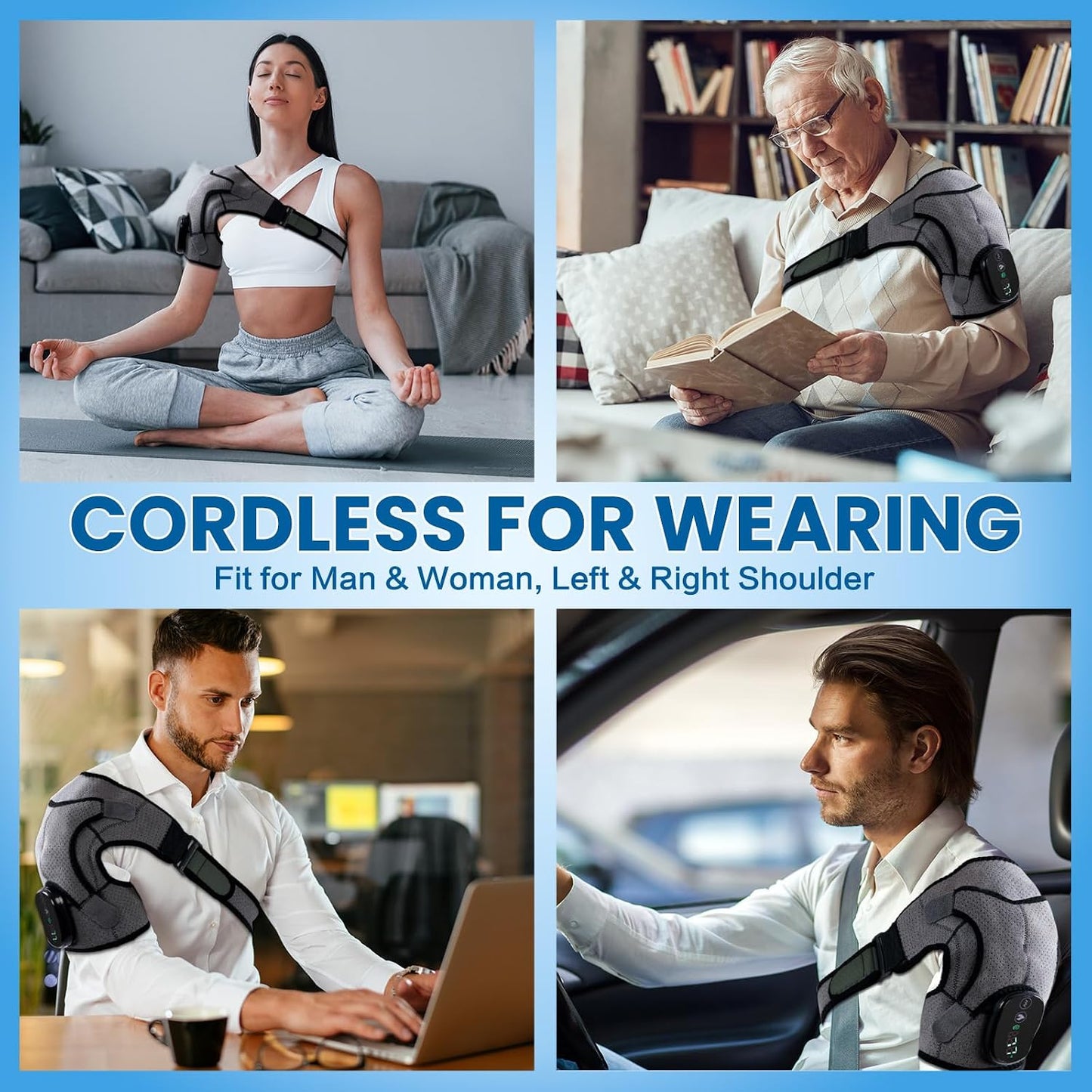 Cordless Shoulder Heating Pad & Massager, Electric Heated Shoulder Brace Wrap, Heating Pads for Rotator Cuff and Frozen Pain Relief,5000mAh Chargeable Powered, Men & Women(Black)