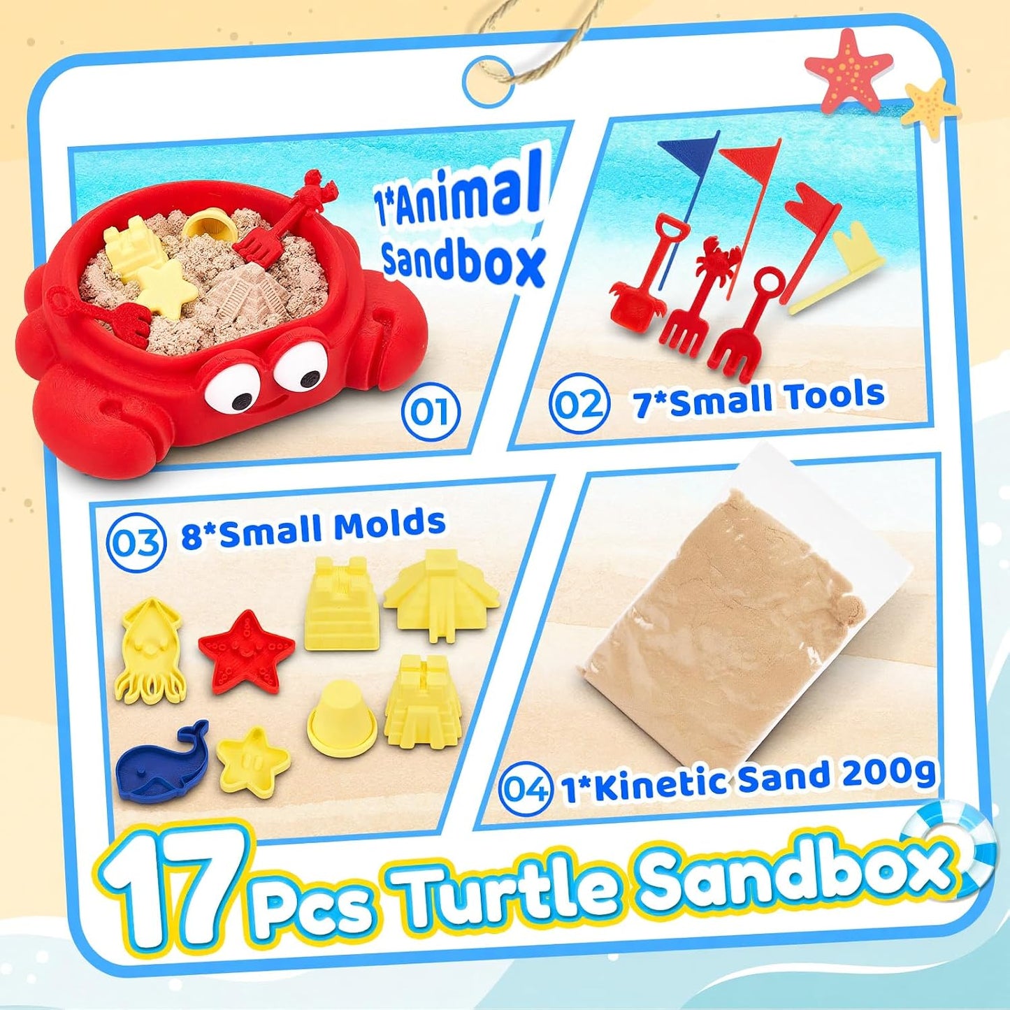 7.1 in Desktop Turtle Sandbox with Lid -17Pcs MINI Desk Zen Garden Kit with Varied Molds, Tools & Sand, Mini Zen Garden for Desk, Stress Relief Desk Toys Gifts for Office for Adults (Turtle)