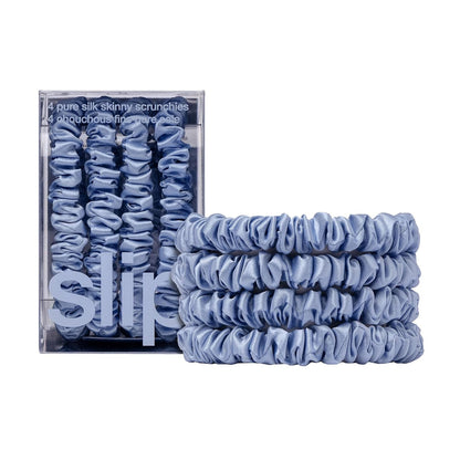 Slip Silk Hair Ties — Skinny Silk Black Scrunchies, No Damage, No Crease, Anti-Breakage |100% Mulberry Silk | All Hair Types | Made with Proprietary Slipsilk™ | Set of 4