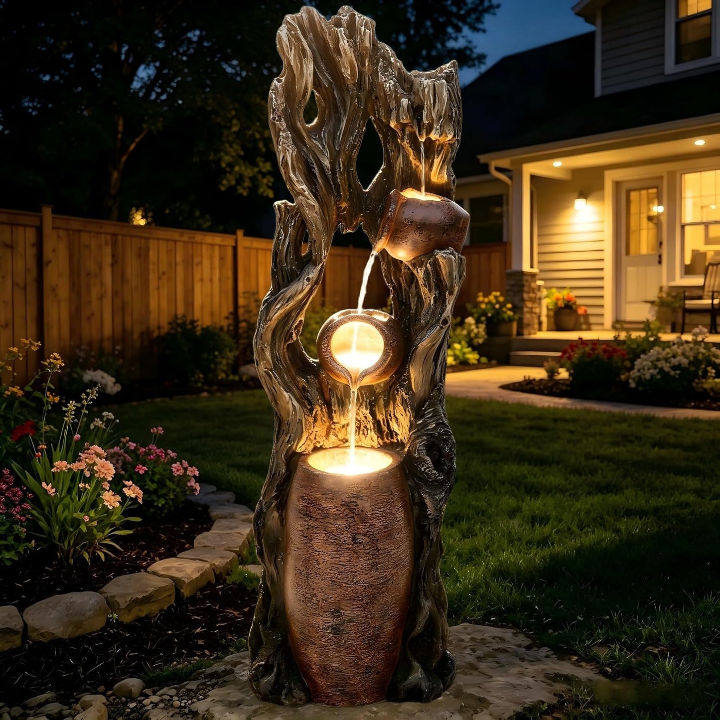 19.5" H 4-Tier Indoor & Outdoor Water Fountain with LED Lights | Resin Pebble Textured Tabletop Cascading Water Feature, Relaxing Decor for Patio, Porch, Deck, Yard & Home