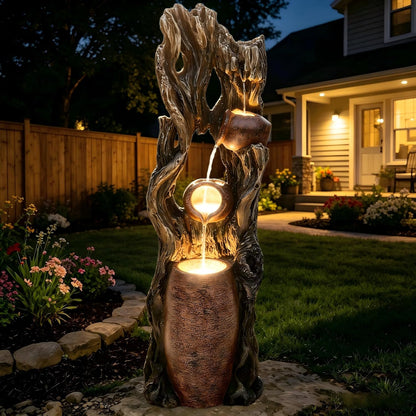 19.5" H 4-Tier Indoor & Outdoor Water Fountain with LED Lights | Resin Pebble Textured Tabletop Cascading Water Feature, Relaxing Decor for Patio, Porch, Deck, Yard & Home