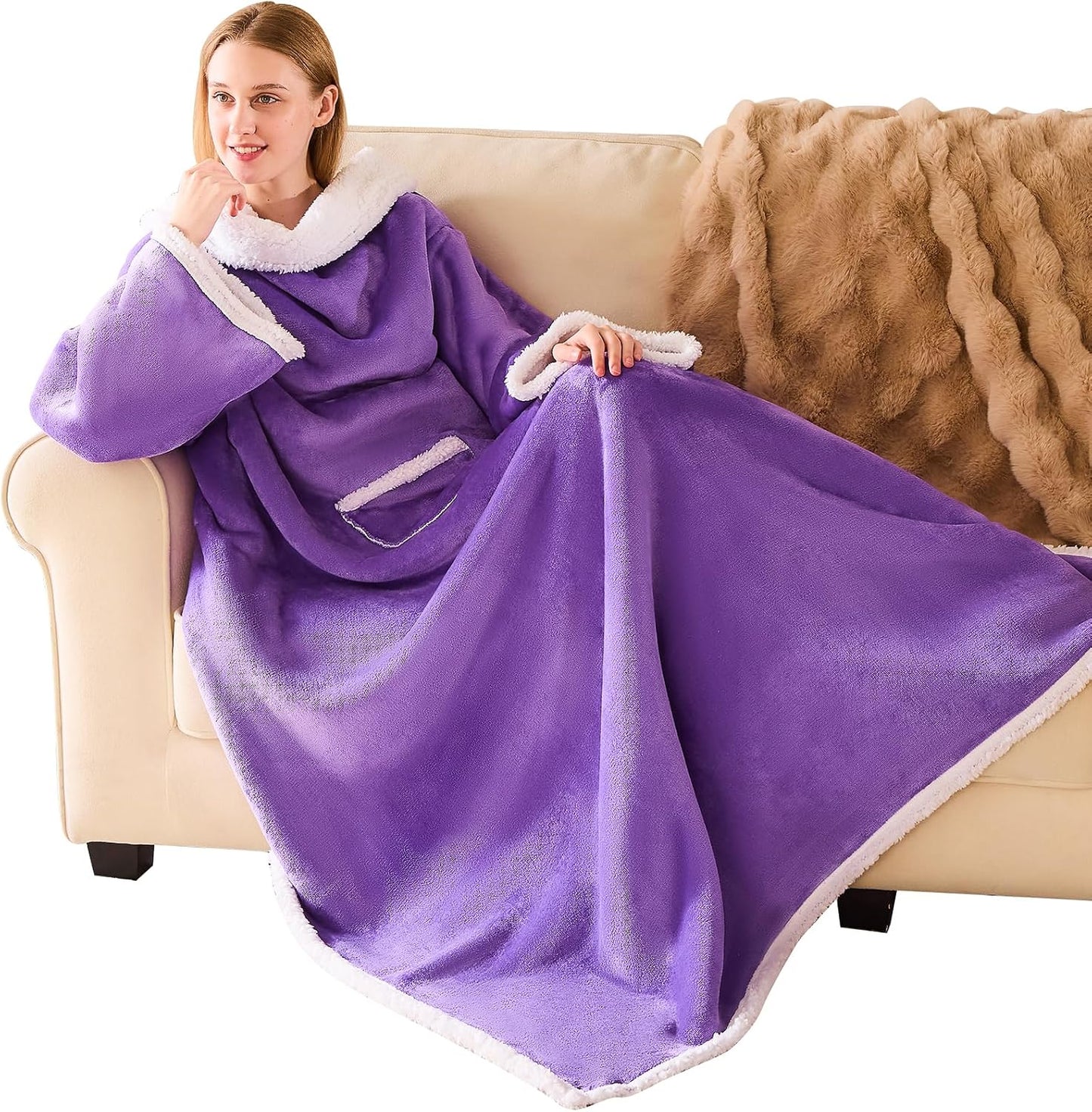 IFNOW Sherpa Wearable Blanket with Sleeves for Women Men Adults, Christmas Birthday Gifts for Women Mom Wife, Cozy Wearable Blanket with Arm and Pocket, Warm Full Body TV Wrap Throw Blanket, Grey