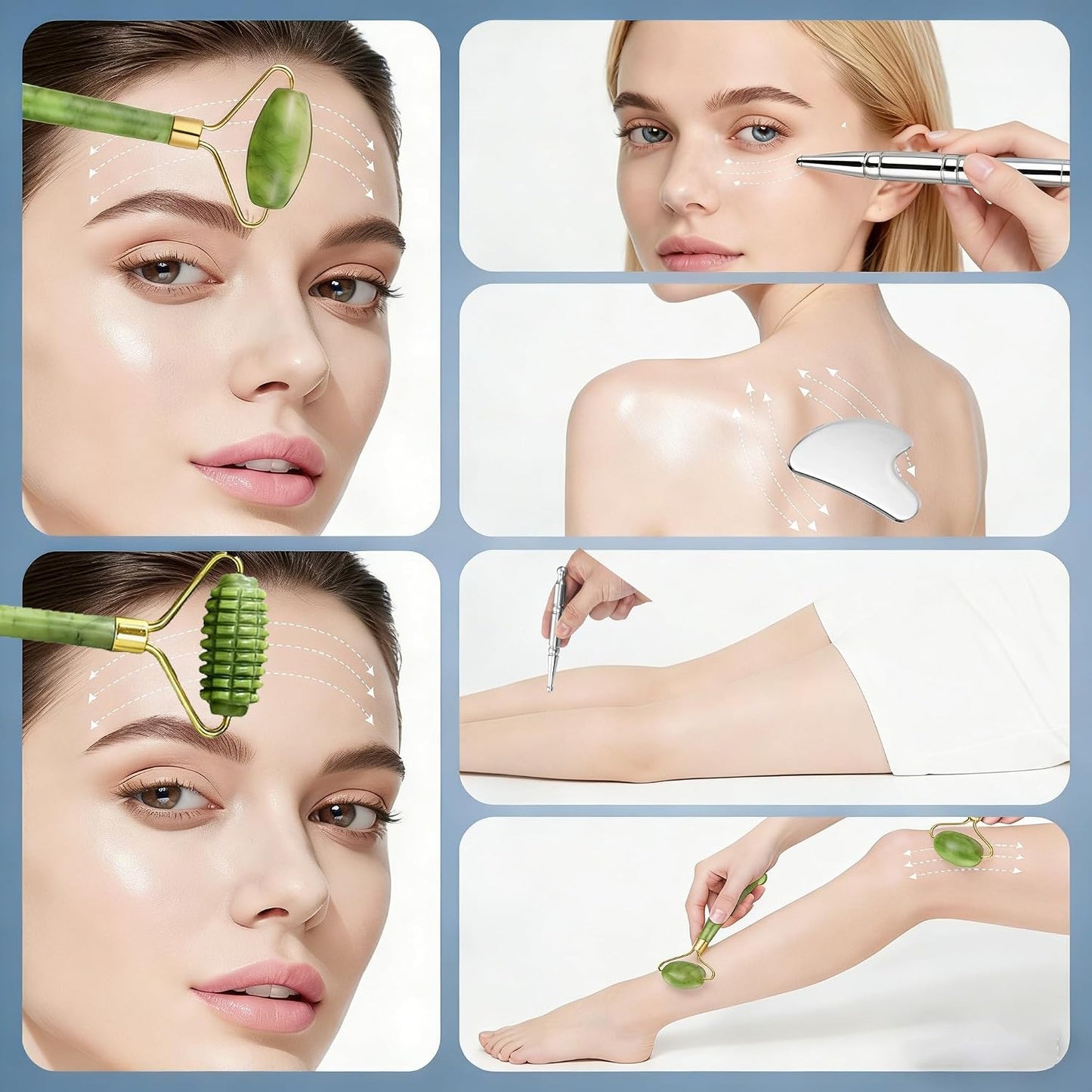 Stainless Steel Gua Sha & Jade Roller Set, Facial Massage Tools for Skin Firming, Facial Sculpting & Daily Self Care