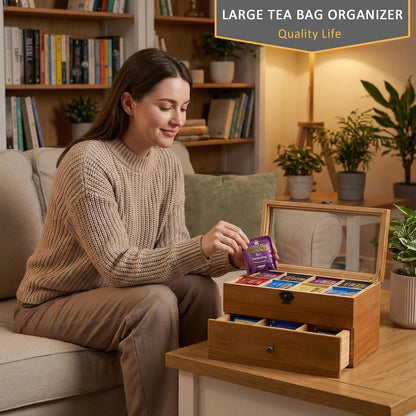 WELLAND Wood Tea Bag Organizer, Storage Box with Clear Acrylic Window, 2-layer 14 Compartments Large Capacity Tea Bag Holders, Gift Idea