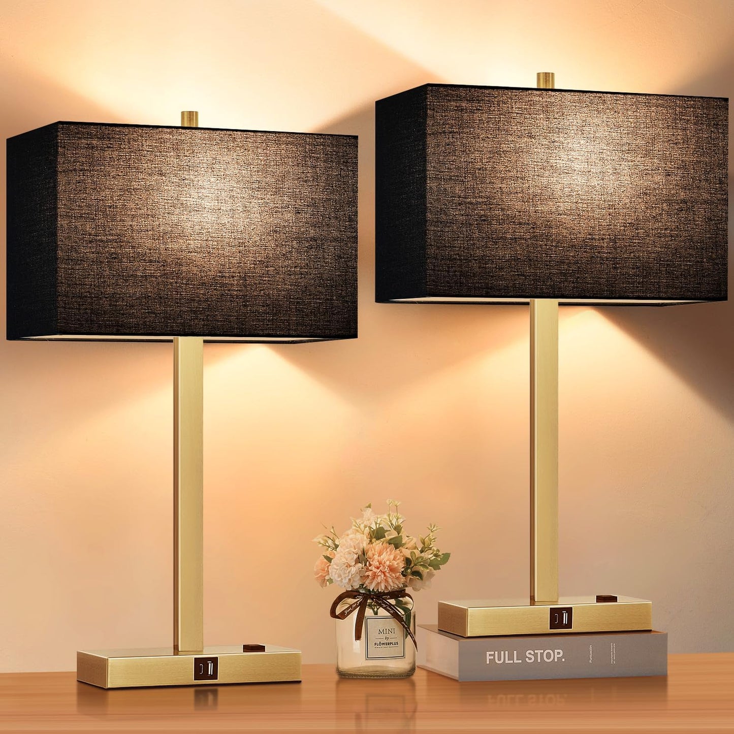 21" Touch Bedside lamps with 2 USB & AC Outlets, 3-Way Dimmable Bedside Table Lamps Set of 2 for Bedroom Living Room Office Reading, Gray Shade Lamps for Night Stands, 5000K LED Bulbs Included