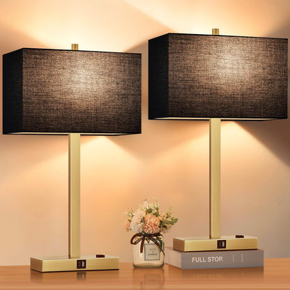 21" Touch Bedside lamps with 2 USB & AC Outlets, 3-Way Dimmable Bedside Table Lamps Set of 2 for Bedroom Living Room Office Reading, Gray Shade Lamps for Night Stands, 5000K LED Bulbs Included