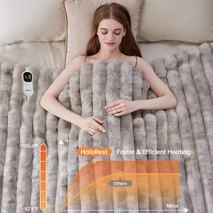 Heated Throw Blanket, Faux Fur Cozy Heating Blanket with Overheat Protection, 1/2/4/6/8 Hours Auto-Off 10 Heat Level, Machine Washable (50x60 Inches, Cream White)