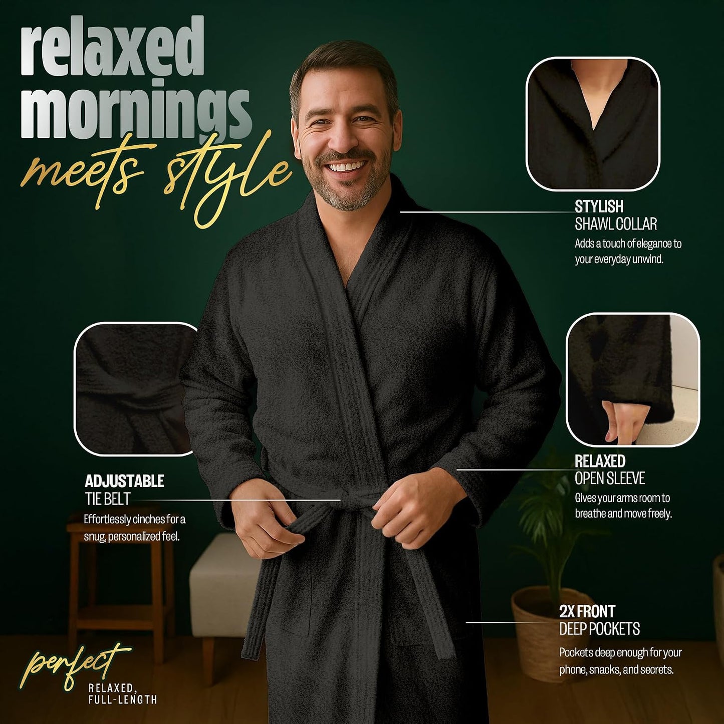 Pearl Linens Cotton Terry Shawl Collar Bathrobe - Soft, Lightweight & Absorbent Unisex Spa Robe for Women & Men - 1 Piece