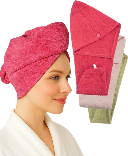 Textila 100% Cotton Hair Wrap Towels for Women (Pack of 2, Raspberry & Green) – Soft & Absorbent Turban Towels for Long, Curly, Frizz-Prone Hair