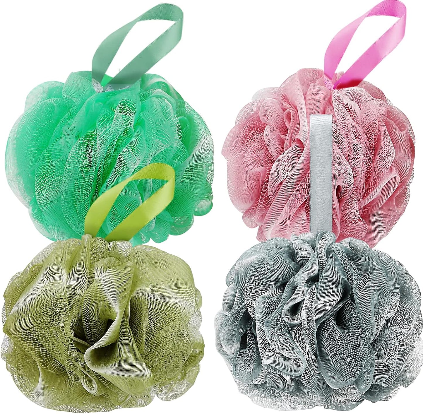 DadyMart Shower Loofah Sponge Pouf – XL Exfoliating Bath Puff Body Scrubber, Soft Mesh Shower Sponge with Reinforced Knot, Rich Lather, Set of 4 for Women and Men