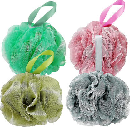 DadyMart Shower Loofah Sponge Pouf – XL Exfoliating Bath Puff Body Scrubber, Soft Mesh Shower Sponge with Reinforced Knot, Rich Lather, Set of 4 for Women and Men
