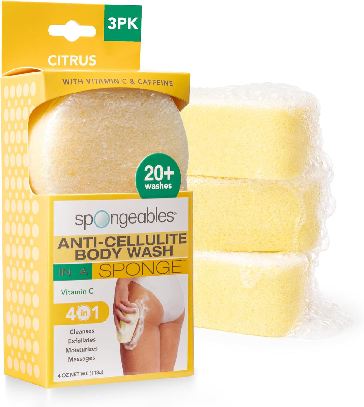 Spongeables Anti Cellulite Body Wash in a 20+ Wash Sponge, Citrus, 3 Count