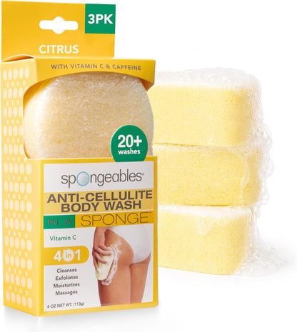 Spongeables Anti Cellulite Body Wash in a 20+ Wash Sponge, Citrus, 3 Count