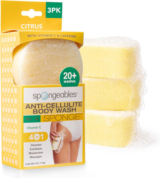 Spongeables Anti Cellulite Body Wash in a 20+ Wash Sponge, Citrus, 3 Count