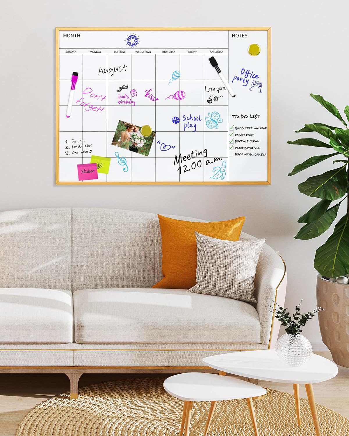 Magnetic Monthly Calendar Whiteboard, 17'' x 13'' Dry Erase Calendar for Wall Office School Home, Gold Wooden Frame