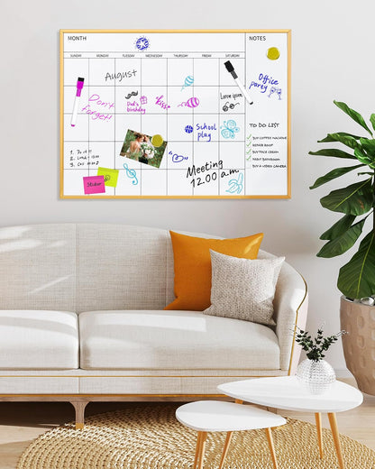 Magnetic Monthly Calendar Whiteboard, 17'' x 13'' Dry Erase Calendar for Wall Office School Home, Gold Wooden Frame