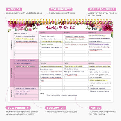Weekly To Do List Notepad with 52 Undated Sheets（8.5"×11"）- Undated Weekly Planner Notepad for Office Desk Accessories and Supplies - Sunshine Petal