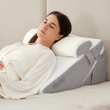 Ruqmuis Wedge Pillow Set for After Surgery, 3PCS Adjustable 9&12 Inch Bed Wedge Pillow for Sleeping, Incline Pillow Wedge for Headboard, Post Surgery, Acid Reflux, Neck&Back Support, White/Grey
