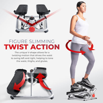 Sunny Health & Fitness Twist Steppers with Resistance Bands, Compact Mini Stair Step Machines for Low-Impact Home Cardio Workouts