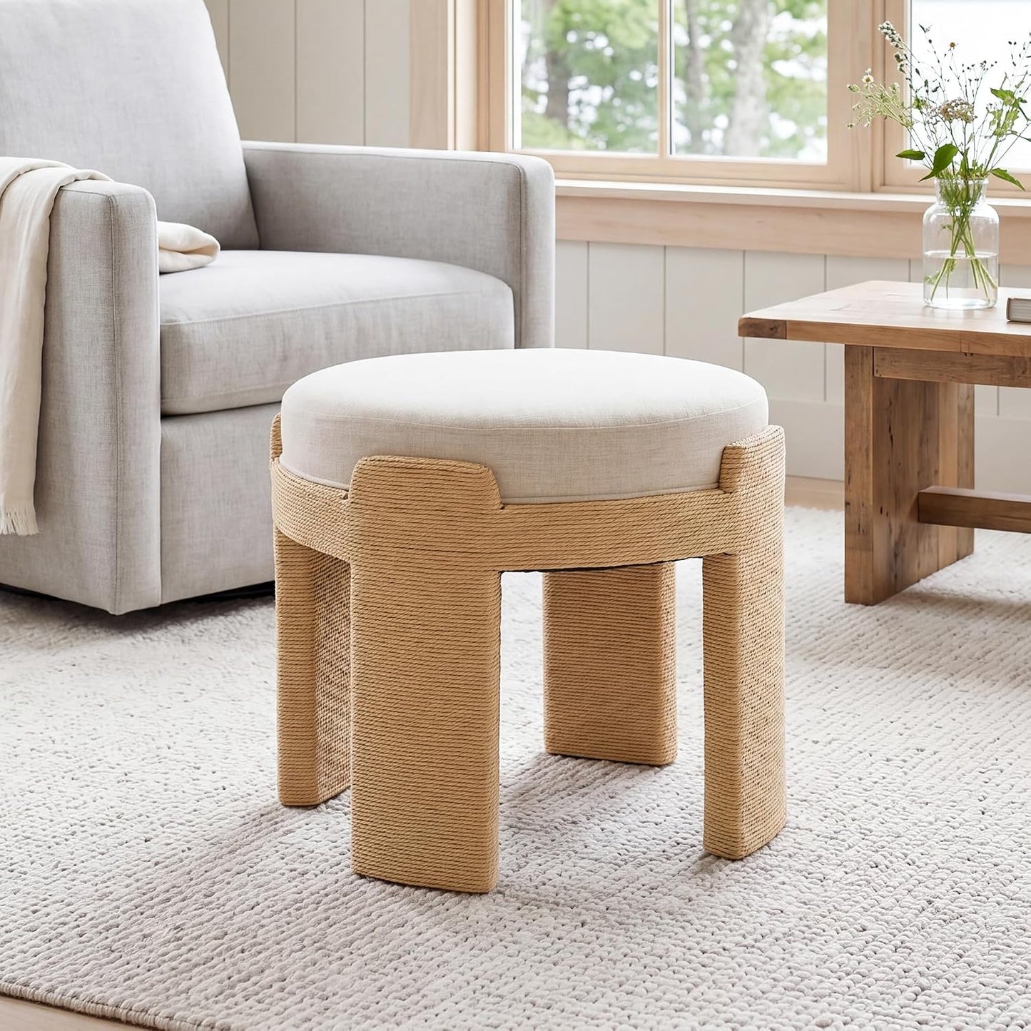 Round Foot Stool Ottoman Set of 2, Boho Hand-Woven Rope Upholstered Accent Footrest Vanity Stool Fully Assembled for Bedroom Living Room, Beige Linen